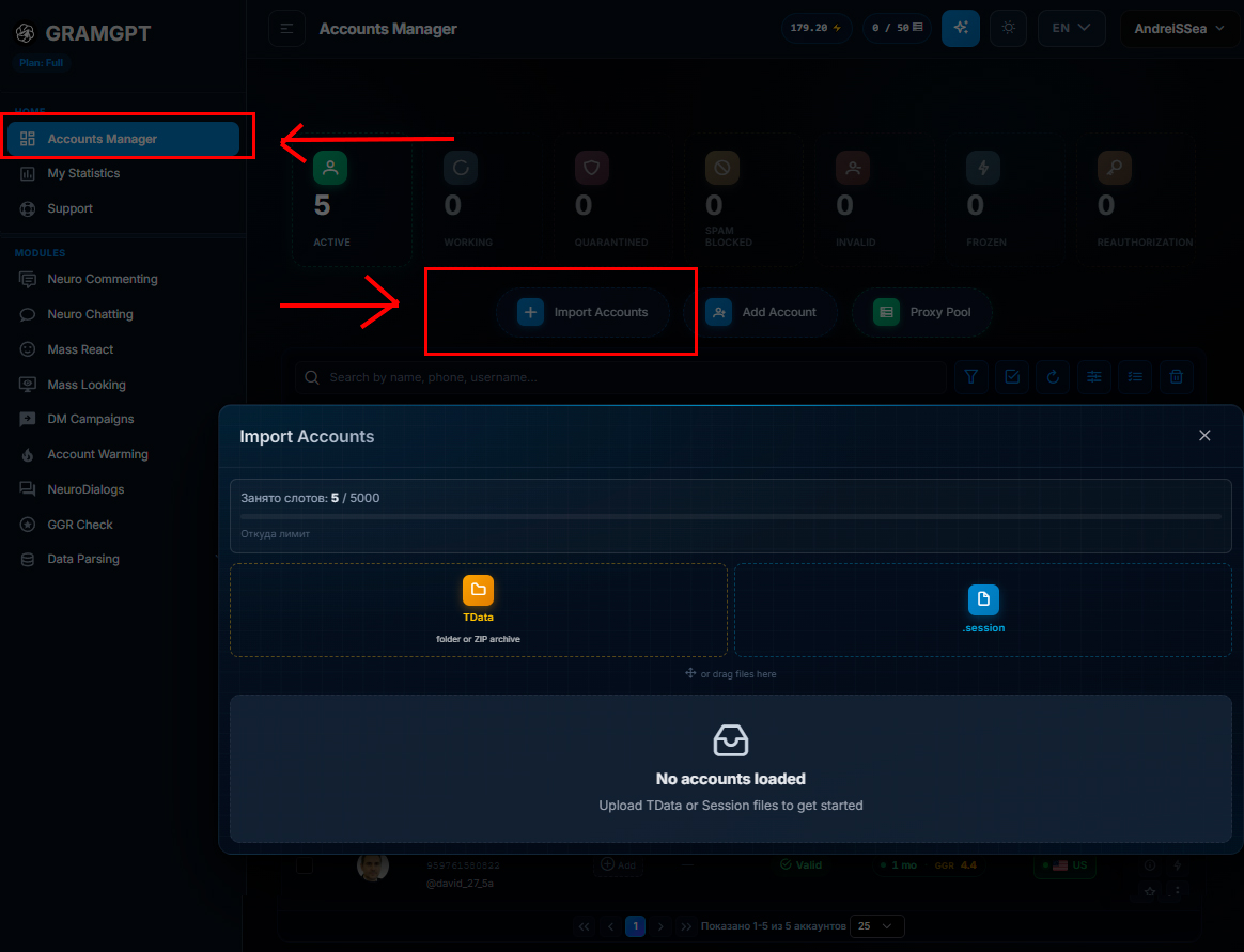 importing accounts into the Telegram account manager in GramGPT