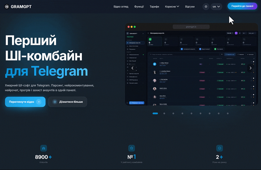 Інтерфейс GramGPT для просування криптоканалу в Telegram