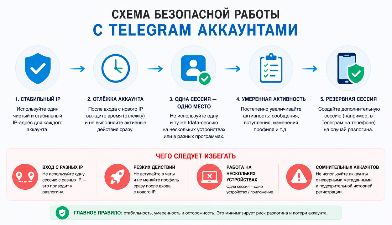 хема безопасной работы с Telegram аккаунтами без разавторизации