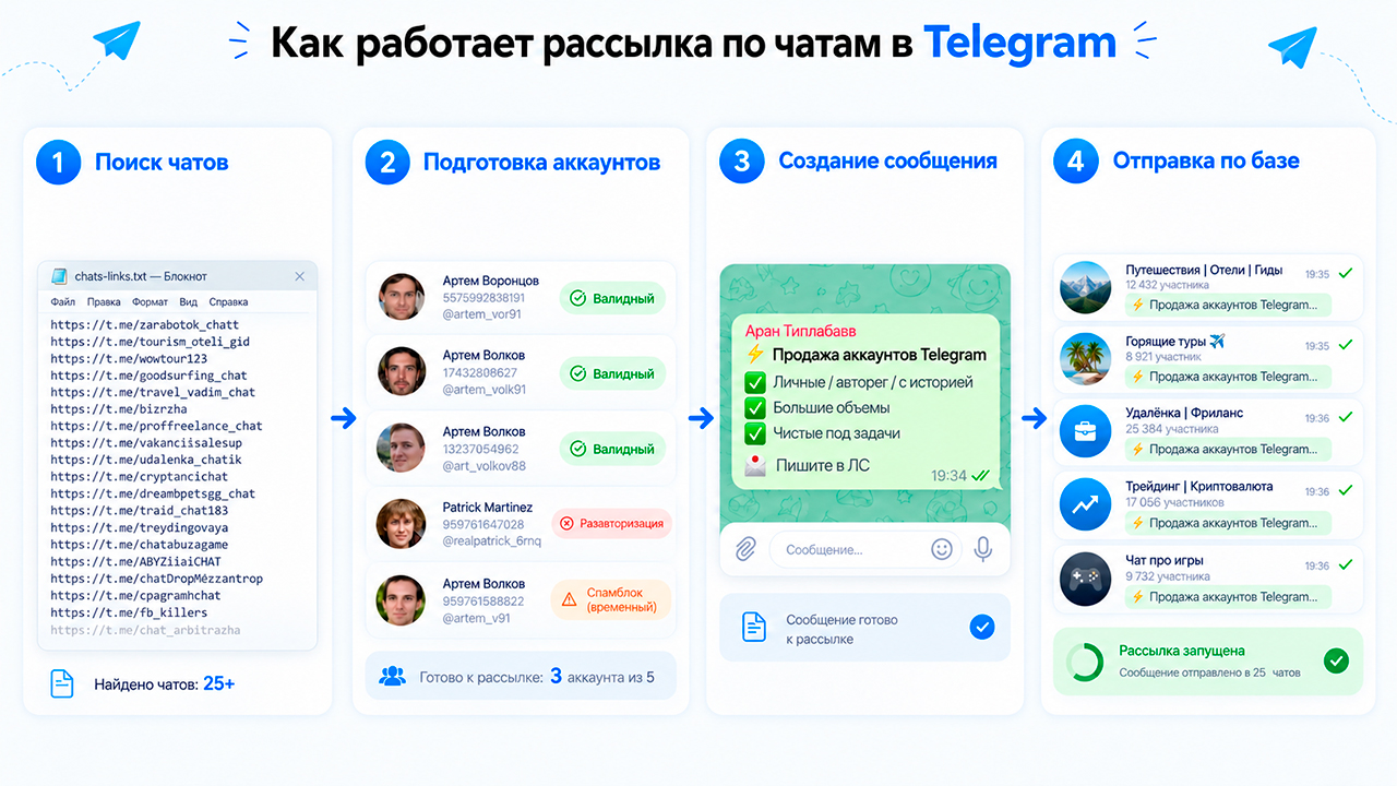 как работает рассылка по чатам Телеграм в GramGPT.io