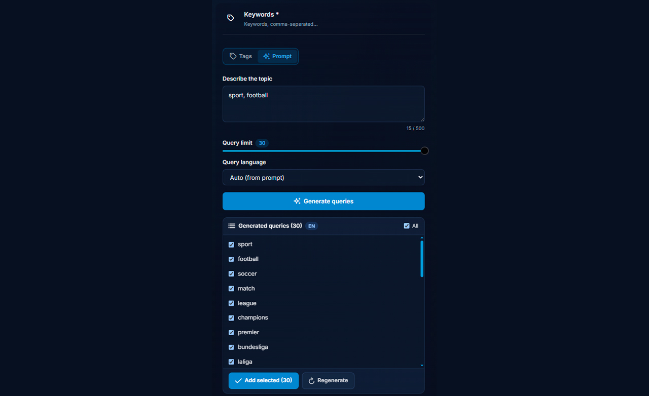 Selecting keywords using an AI prompt in the Telegram Channel Parser