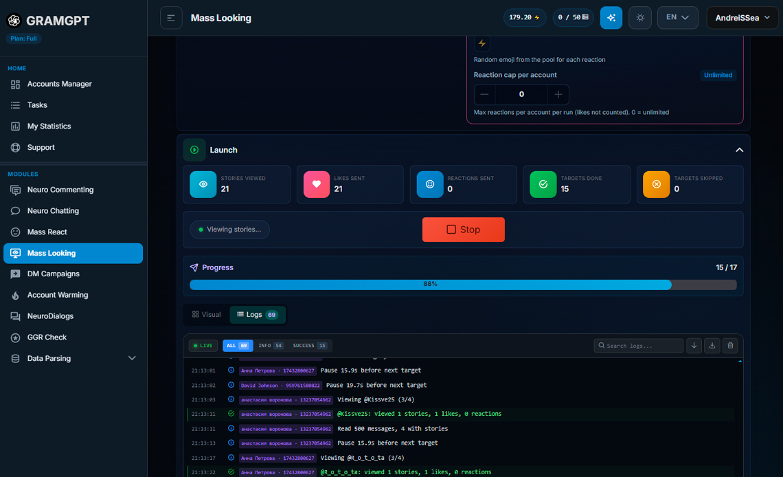 Launching Telegram Mass Looking in GramGPT.io