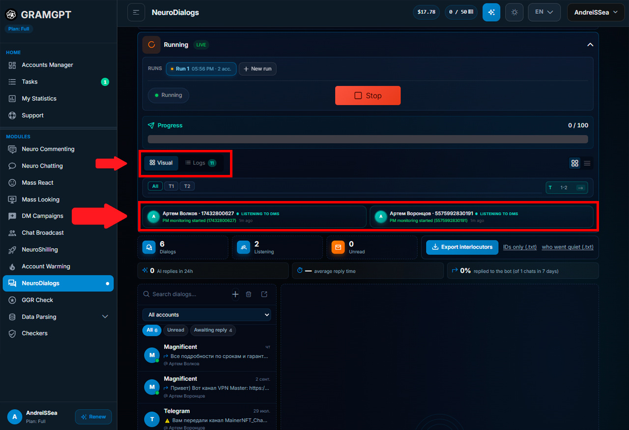 Launching the Telegram AI autoresponder in GramGPT.io