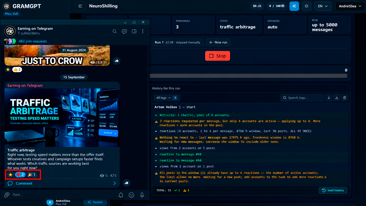Result of launching reaction boosting in a private Telegram channel through Neuroshilling GramGPT.io