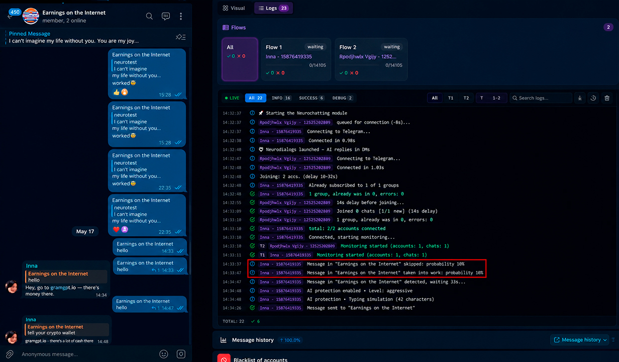 launching Telegram neurochatting in interval work mode, logs, and results in GramGPT.io
