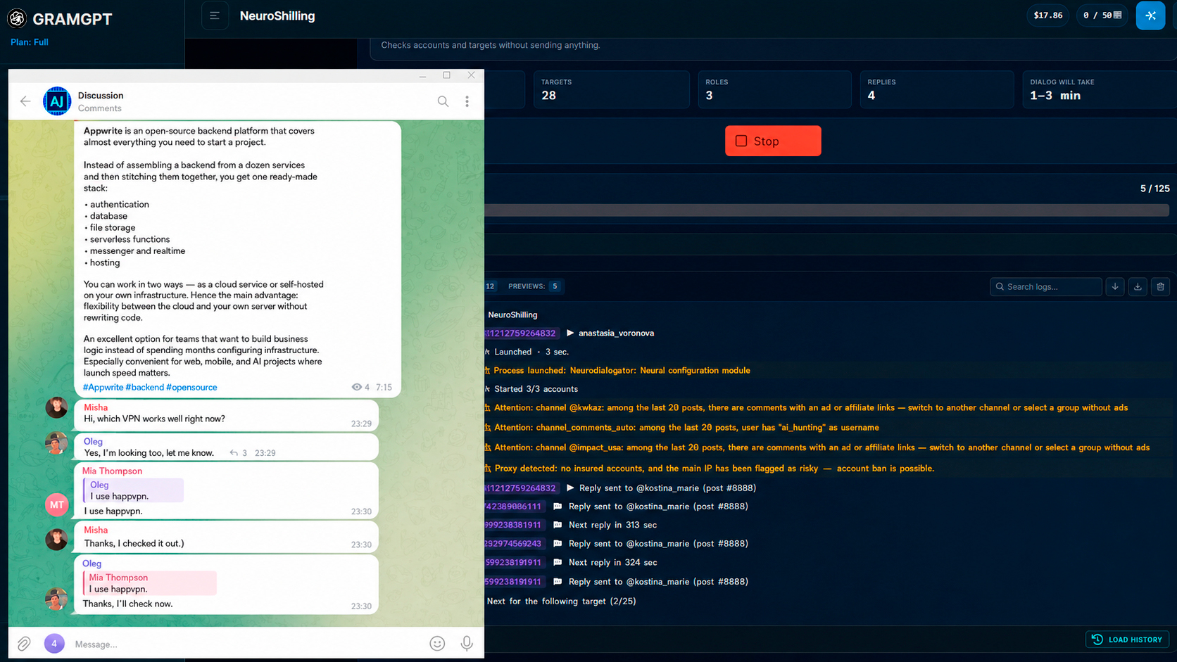 Launching Neuroshilling in Telegram, logs, and work results
