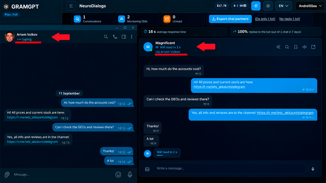 Launching the AI autoresponder and an example reply in GramGPT.io