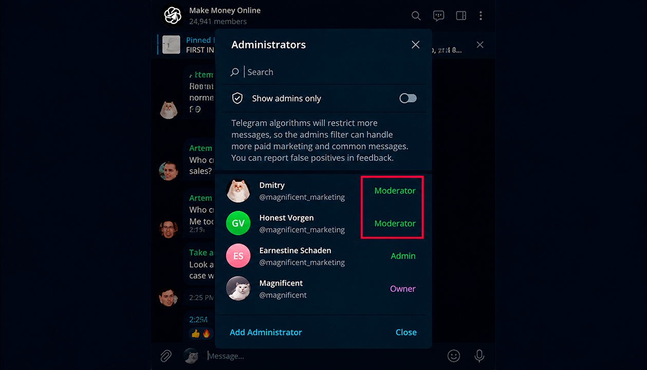 Working as an administrator of Telegram channels