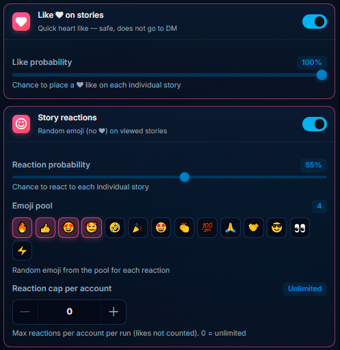 Configuring likes and reactions on Telegram Stories through GramGPT Mass Looking