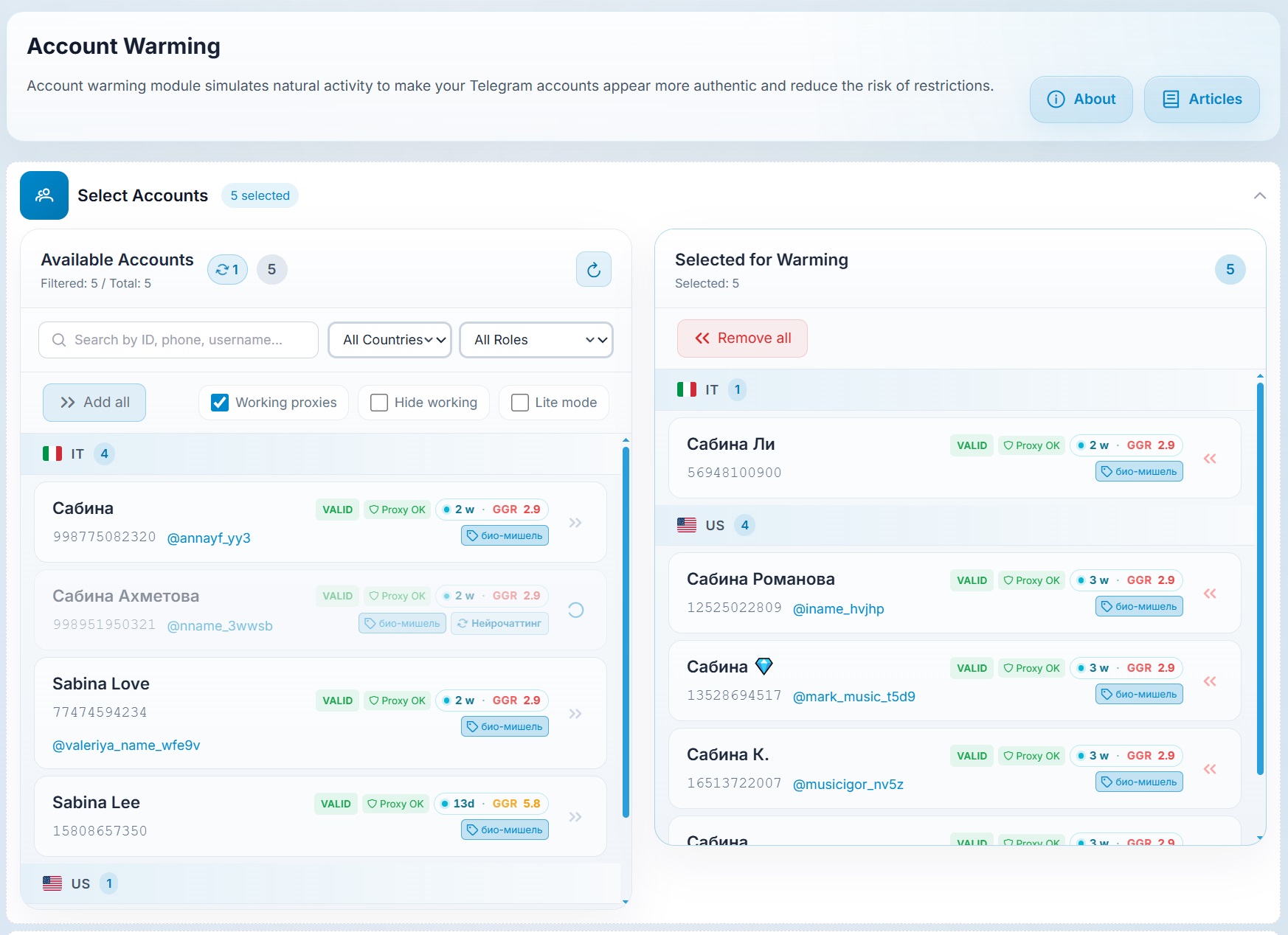 moving Telegram accounts to the warming section
