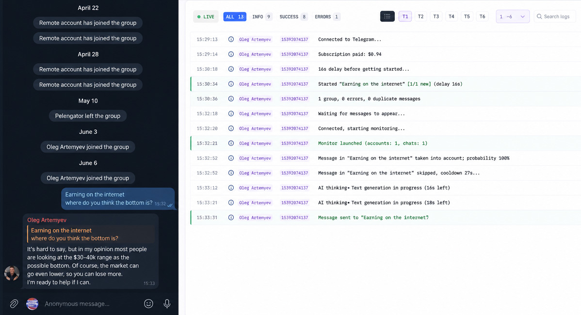 Neurochatting to promote a crypto channel on Telegram via GramGPT
