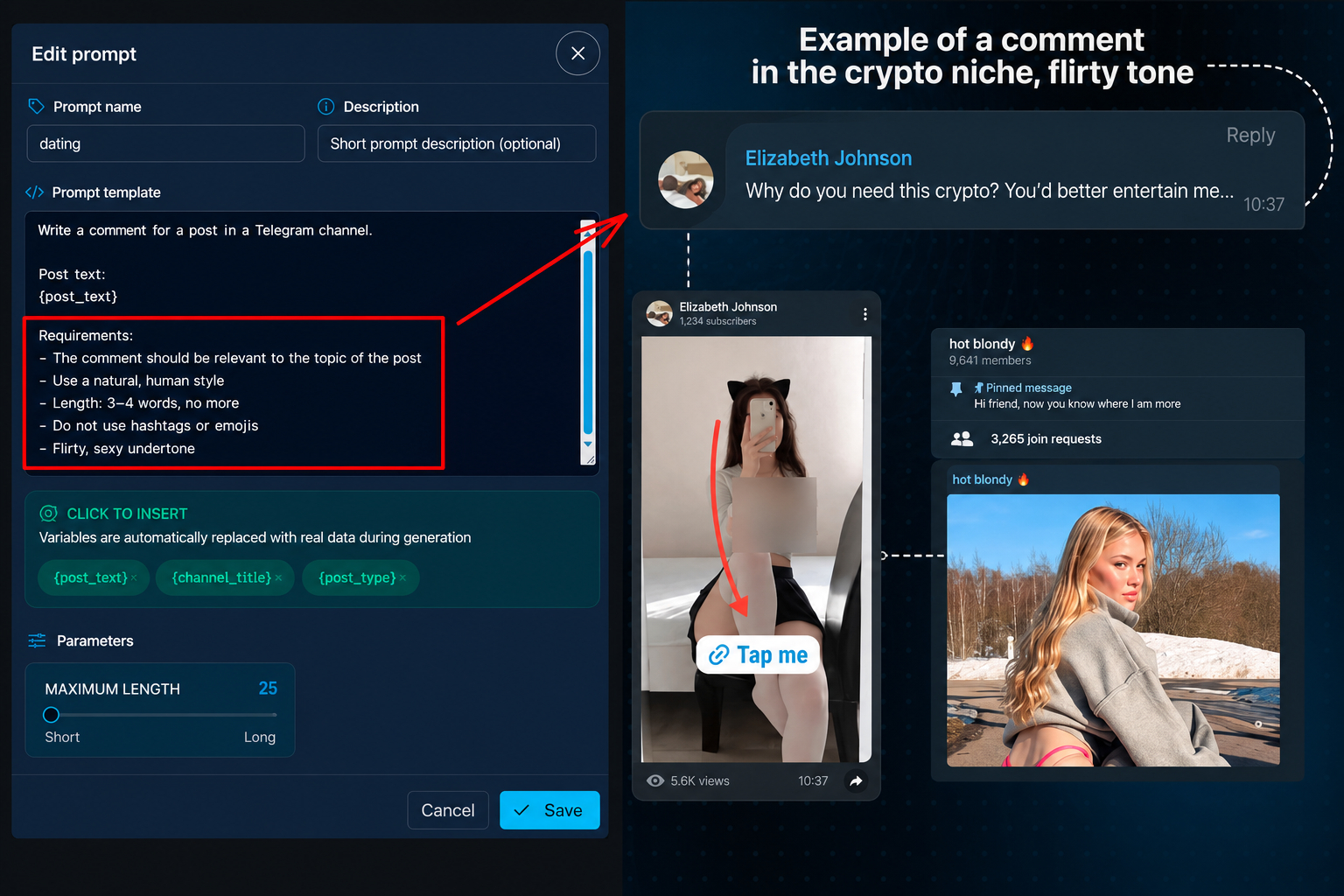 Practical example of a Neurocommenting prompt in the cryptocurrency niche