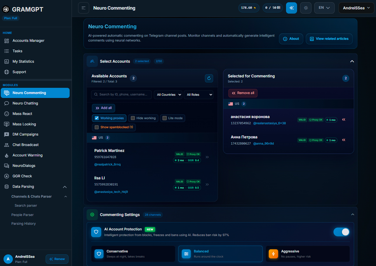 Preparing the Telegram Neurocommenting promotion module in GramGPT.io