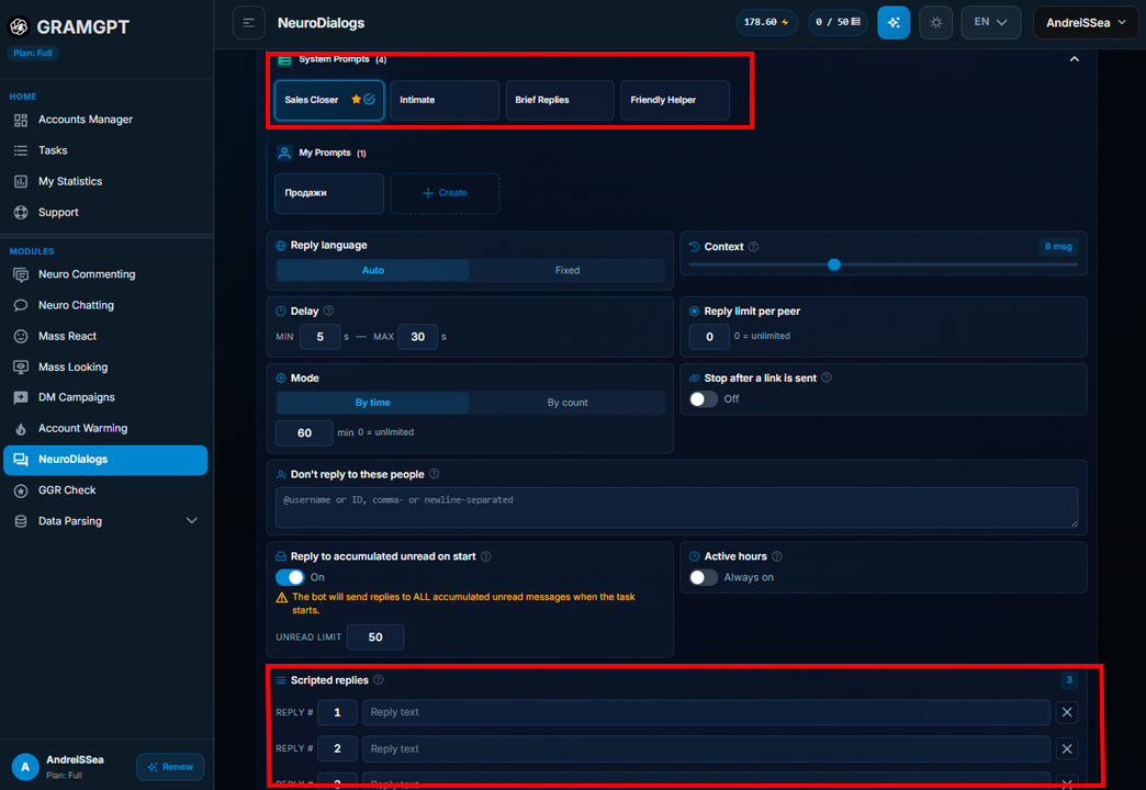 Telegram Neurodialogues module in GramGPT.io