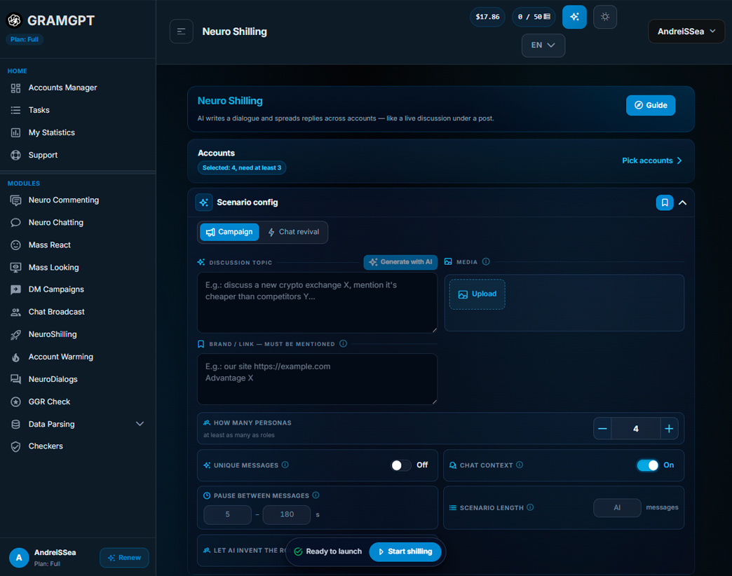 Neuroshilling tool for Telegram promotion in GramGPT