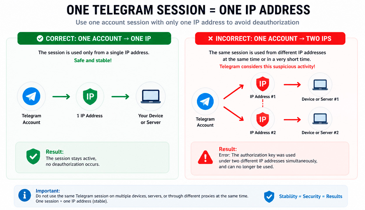 One Telegram session using one IP vs multiple IP addresses causing logout