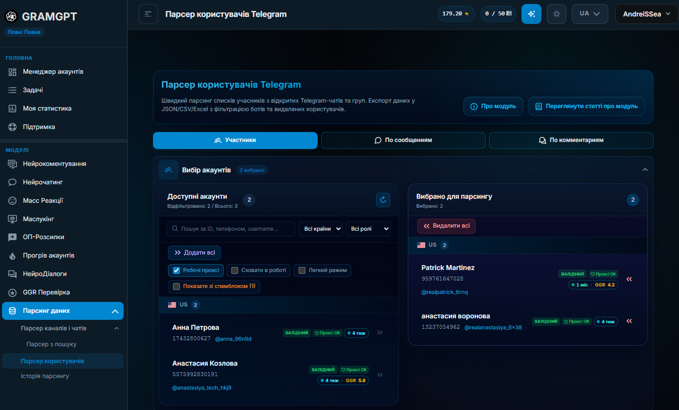 Парсер користувачів Телеграм у GramGPT