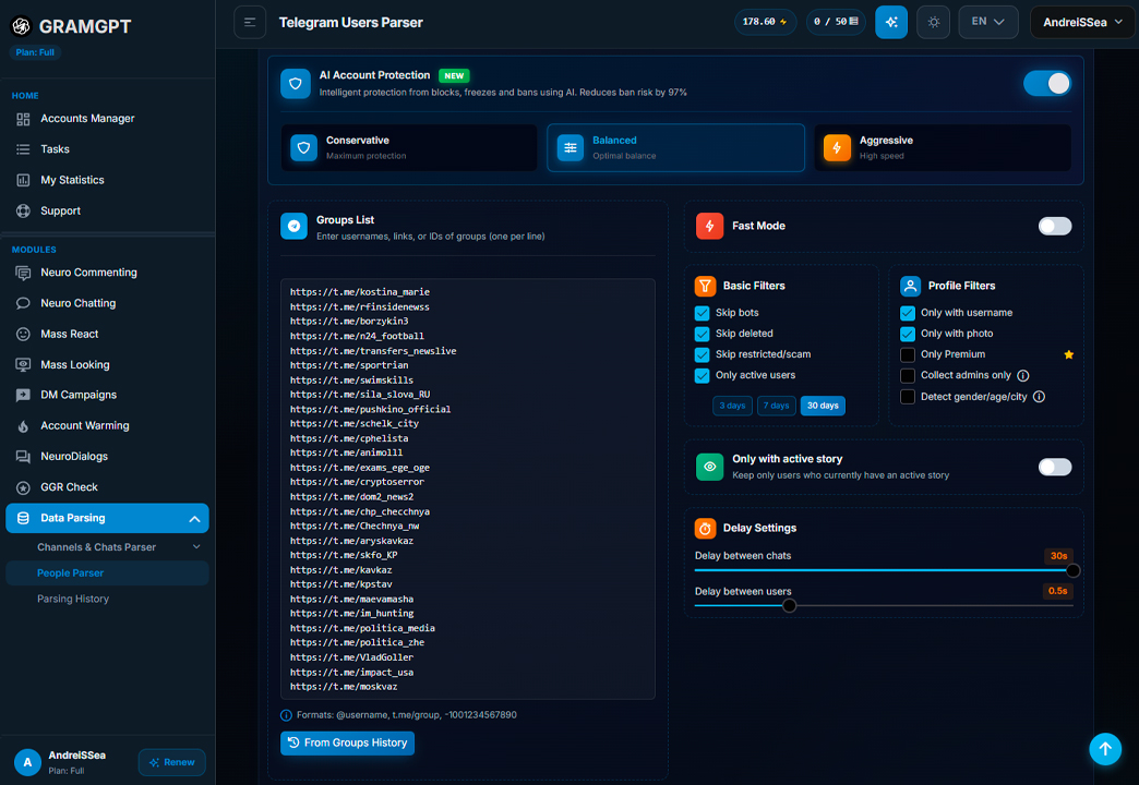 Telegram user parser in GramGPT.io