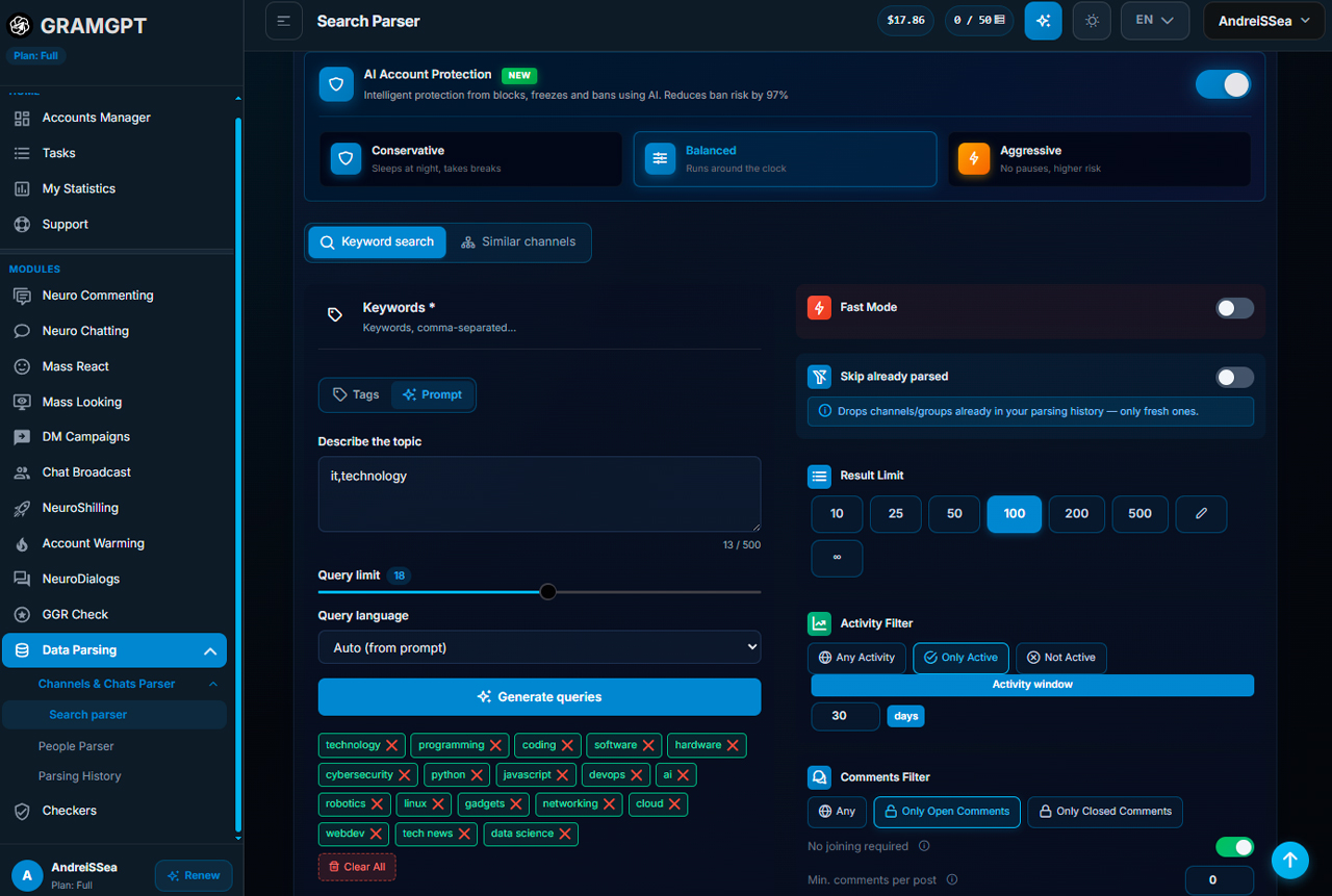 Parsing channels and chats for work and promotion through Neuroshilling in GramGPT