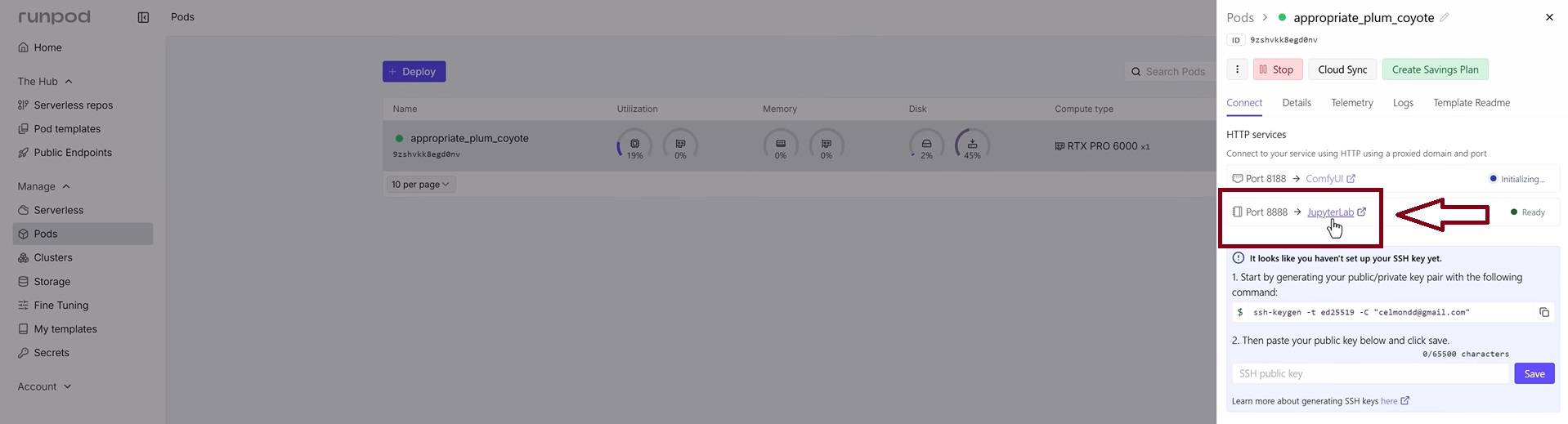 перехід до JupyterLab через RunPod