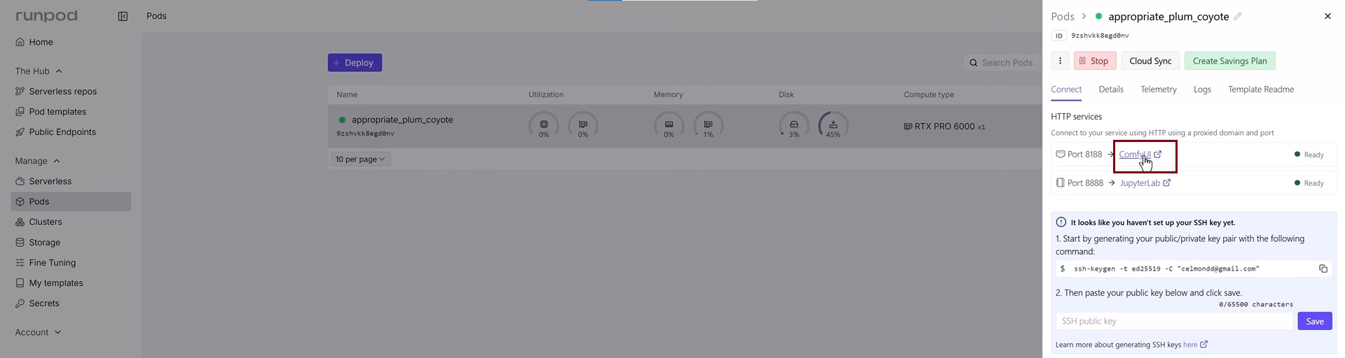 Переход на рабочую область ComfyUI через Runpod