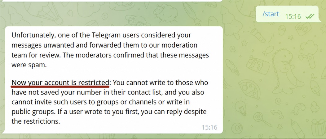 Permanent spam block in Telegram