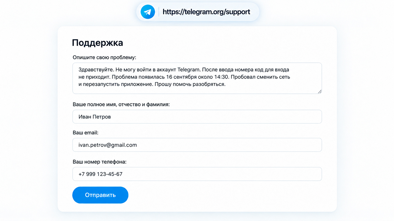Пример правильного сообщения для поддержки Телеграм