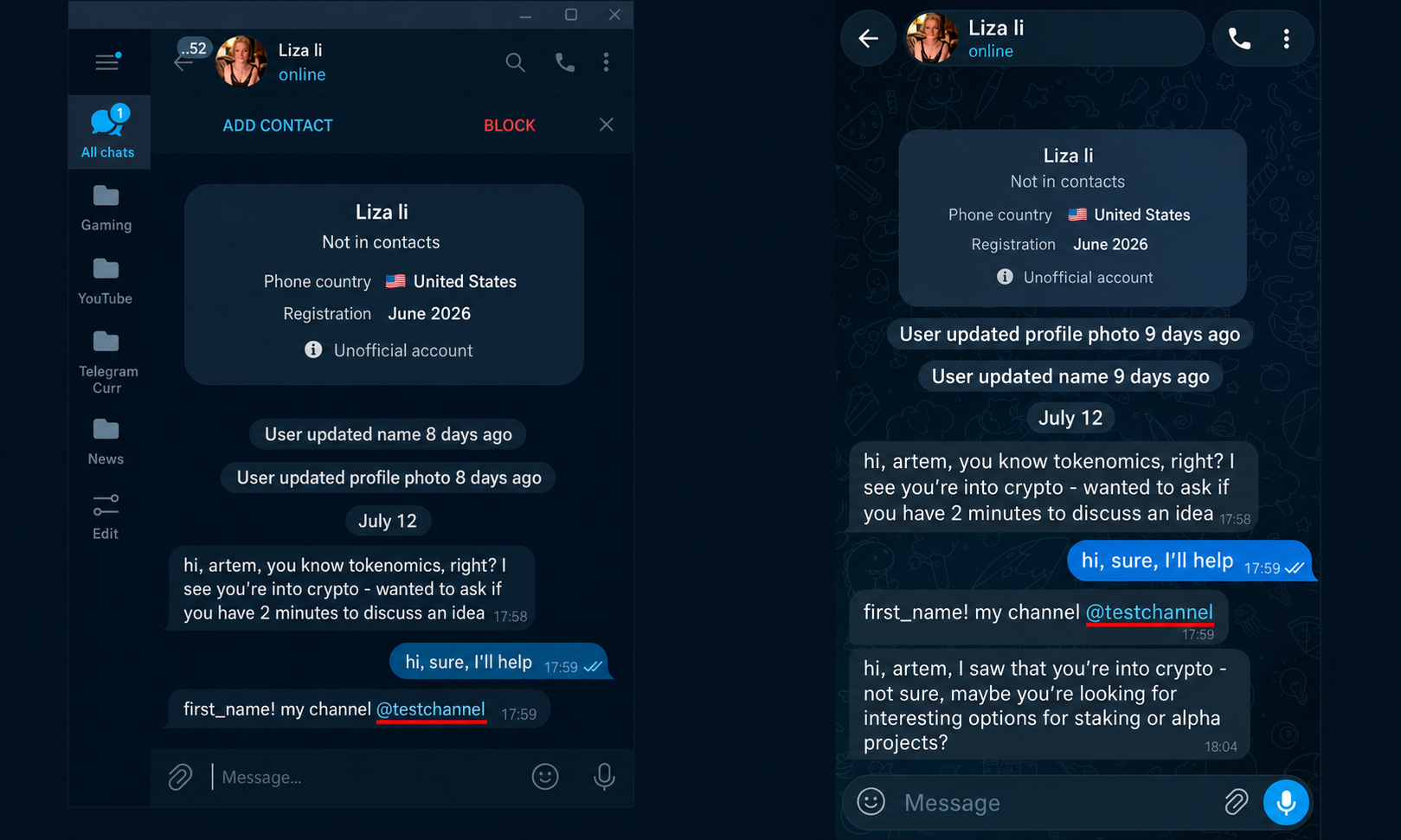 Problem with a non-clickable link after sending Telegram private-message outreach