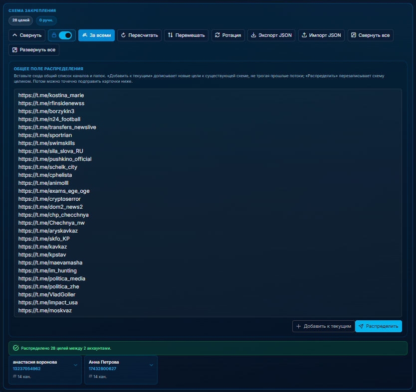 распределение канало на аккаунты для работы нейрокомментинга