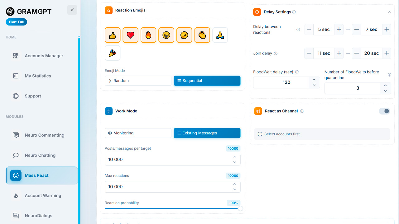 Reaction automation interface for Telegram channel promotion