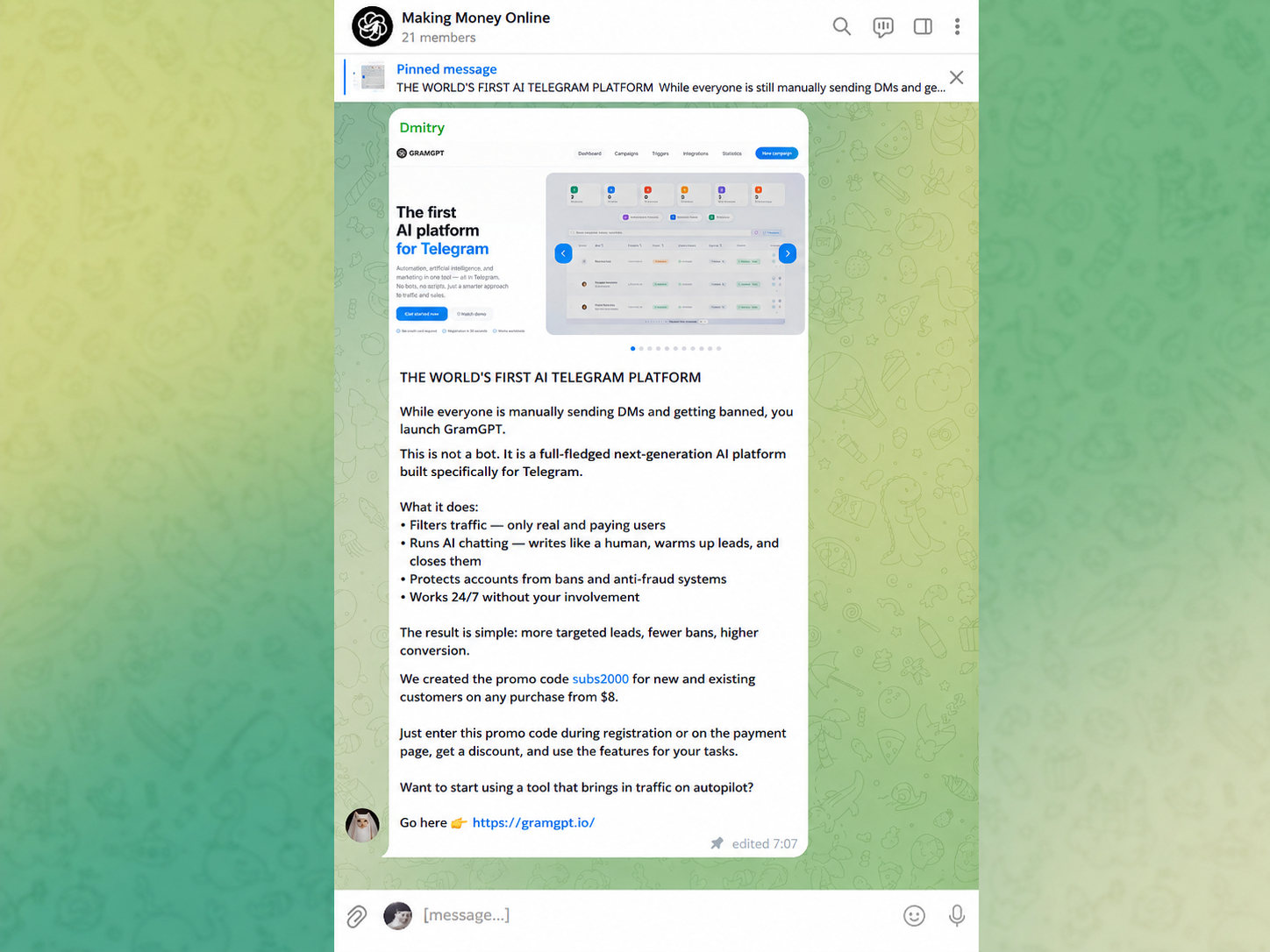 Prepared Telegram group or intermediary chat in Telegram