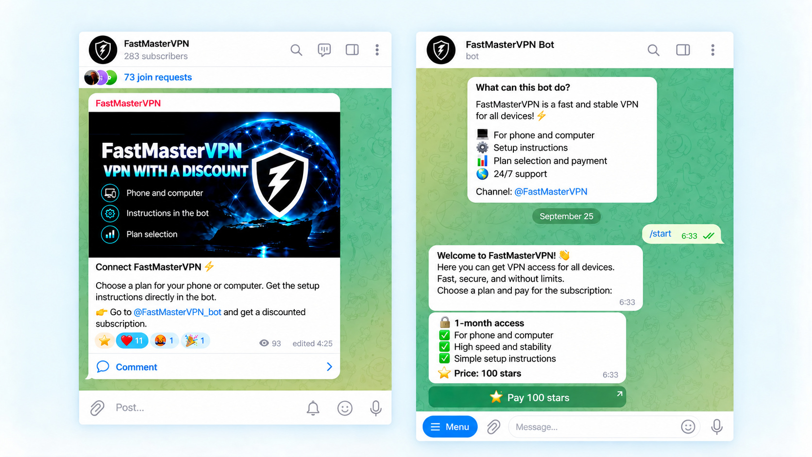 Real case of attracting users to a VPN bot channel through Neurocommenting GramGPT.io