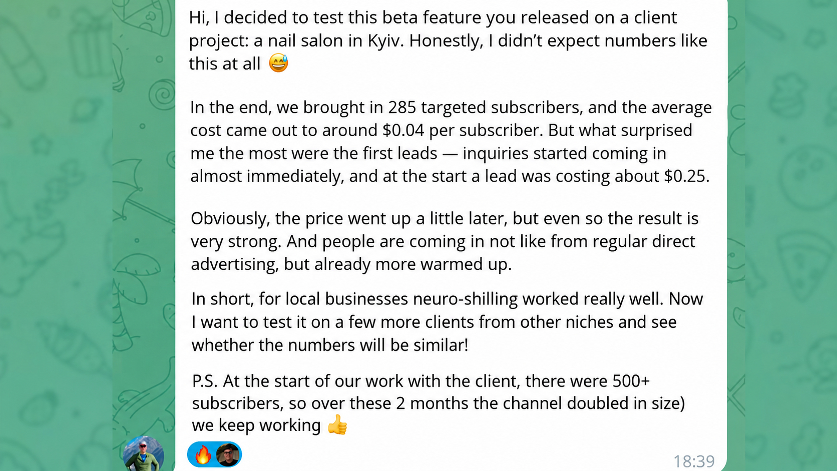 Real case of promoting a service business in Telegram through Neuroshilling
