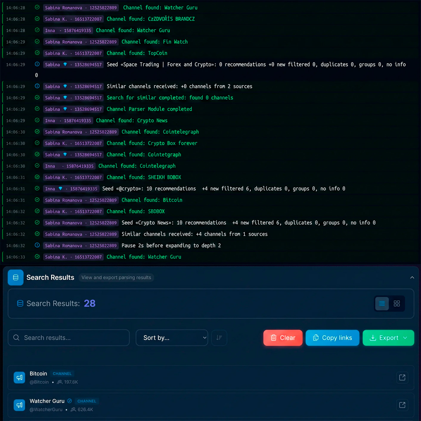 result of similar channel search through the Telegram parser