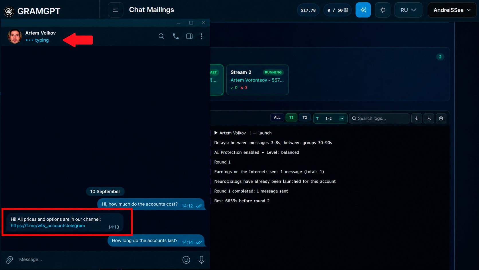 Result of the AI autoresponder in GramGPT