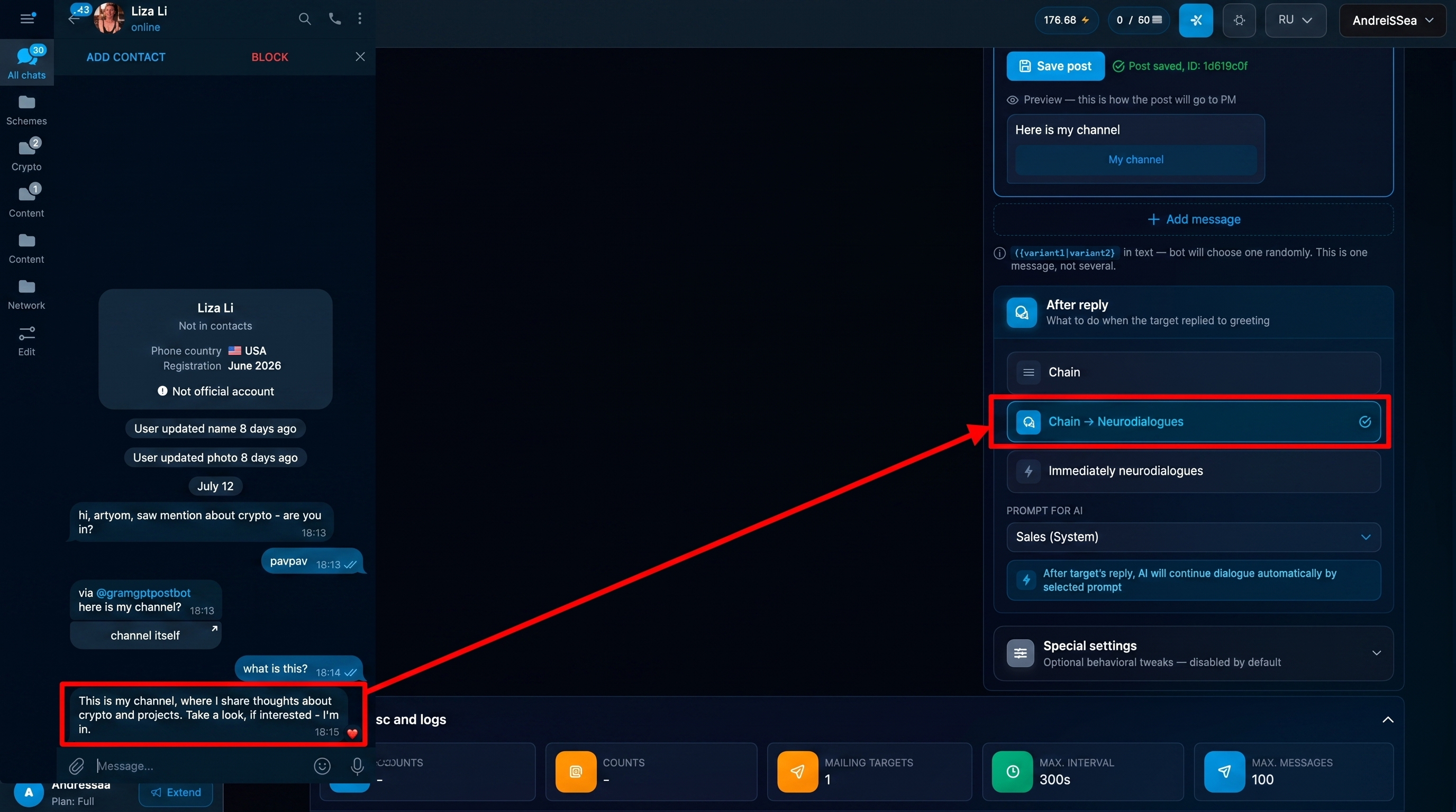 Result of the AI autoresponder in Telegram direct-message outreach in GramGPT.io