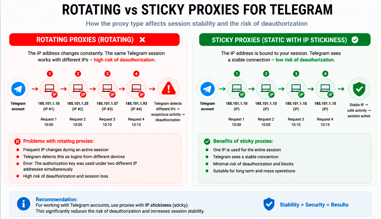 Rotating vs sticky proxies for Telegram accounts