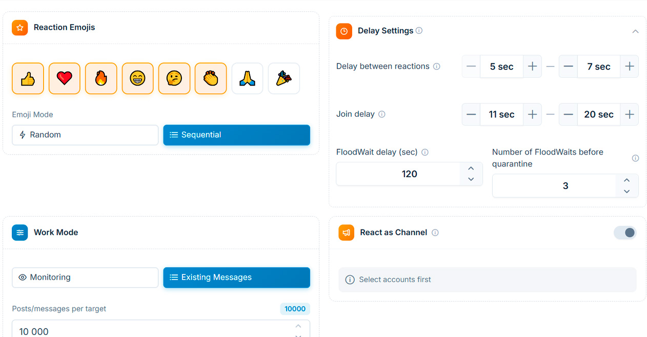 Securely automate reactions in Telegram using random delay and proxy