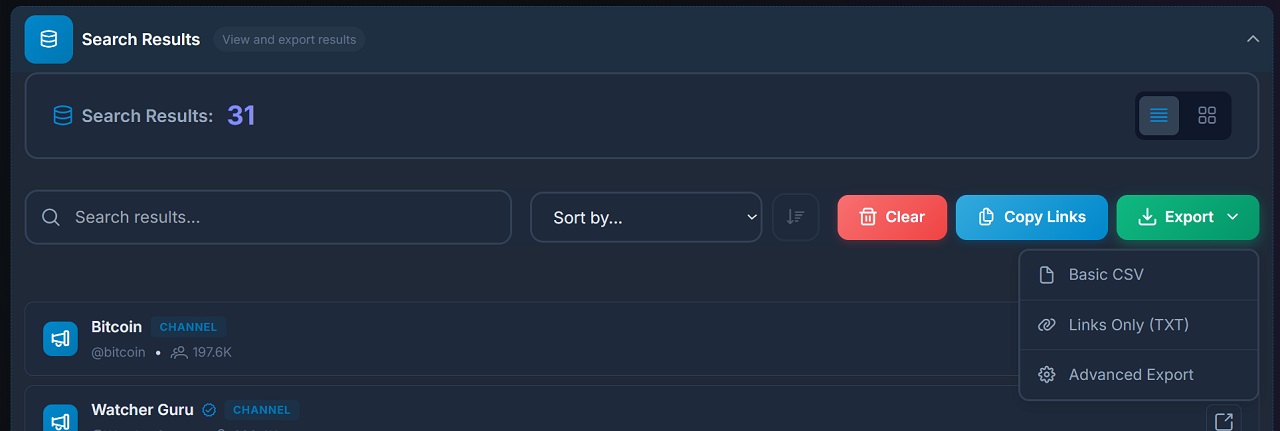 Saving results and exporting the channel database from parsing