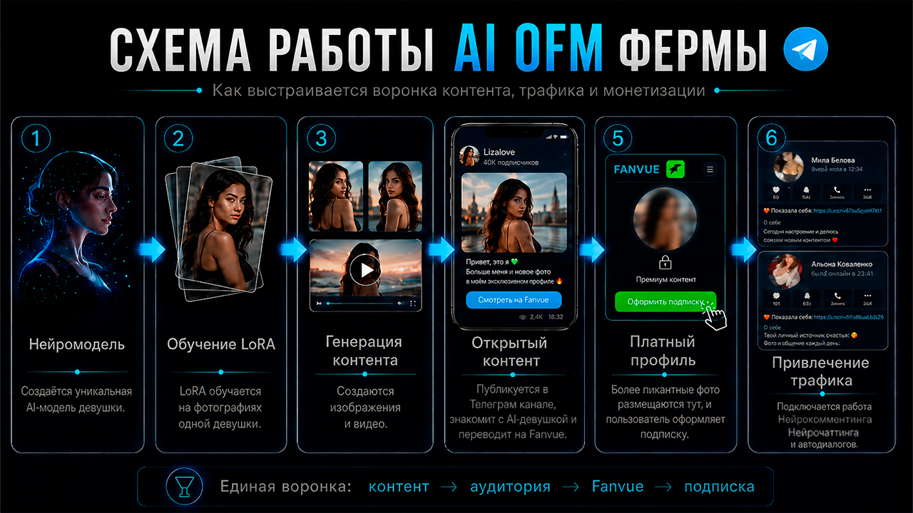 схема работы фермы ии девушек ai ofm в Телеграм