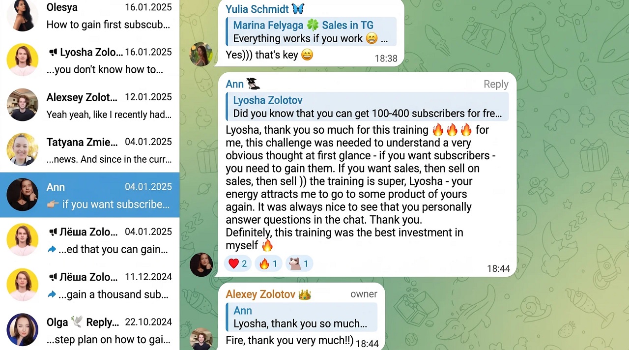 Screenshot of a Telegram chat with active participant messages