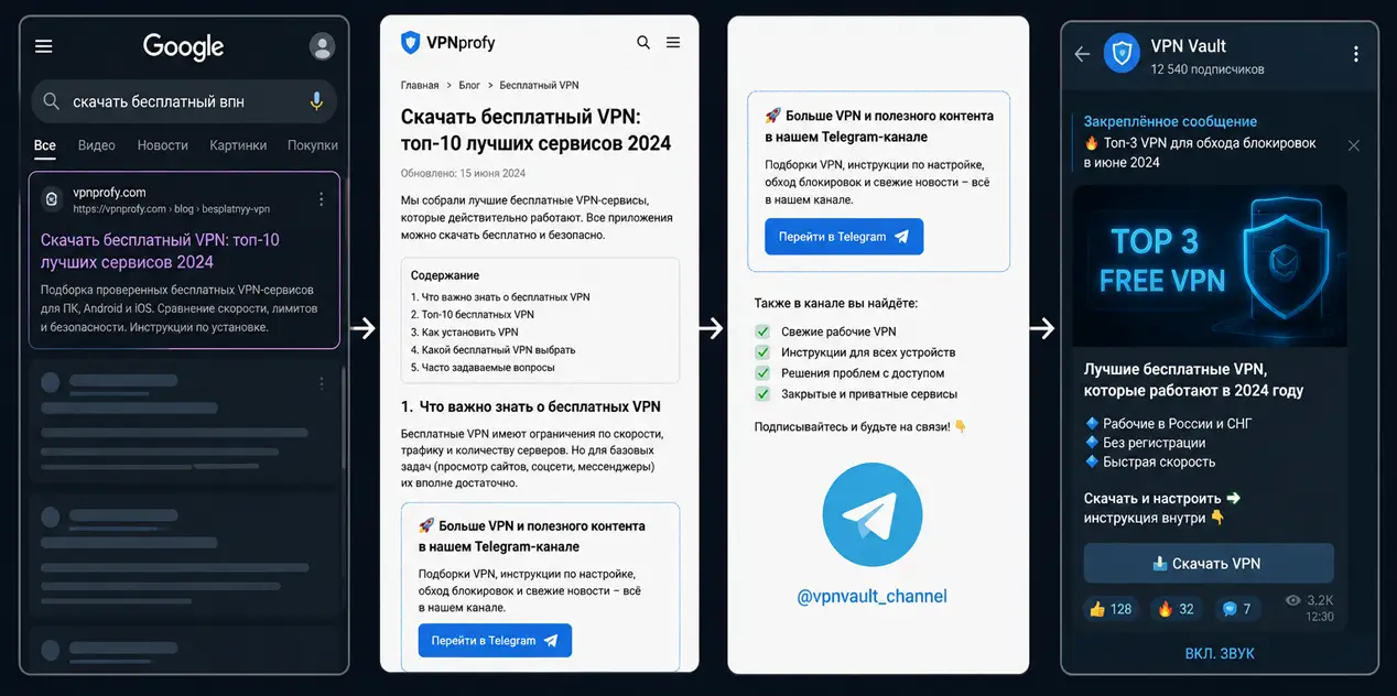 SEO-продвижение Телеграм-канала: поисковый запрос «скачать бесплатный VPN», переход на статью из Google и привлечение подписчиков в Telegram