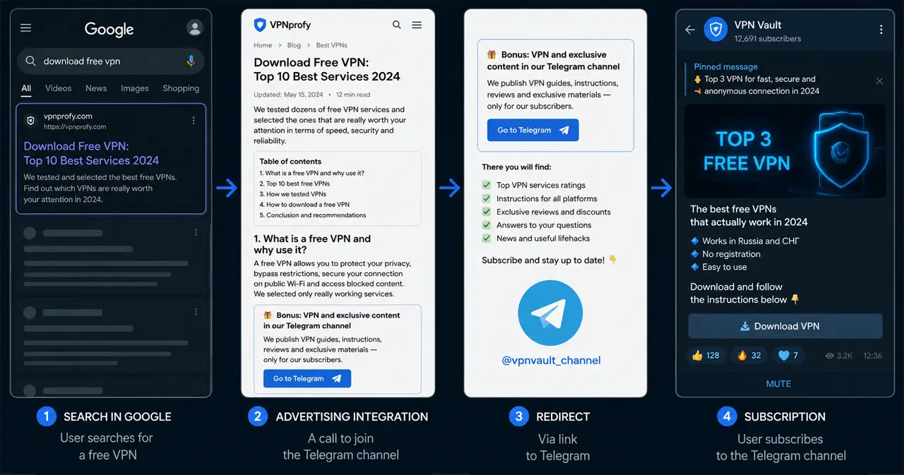 SEO promotion of a Telegram channel: search query 'download free VPN,' clicking through to an article from Google, and attracting subscribers on Telegram