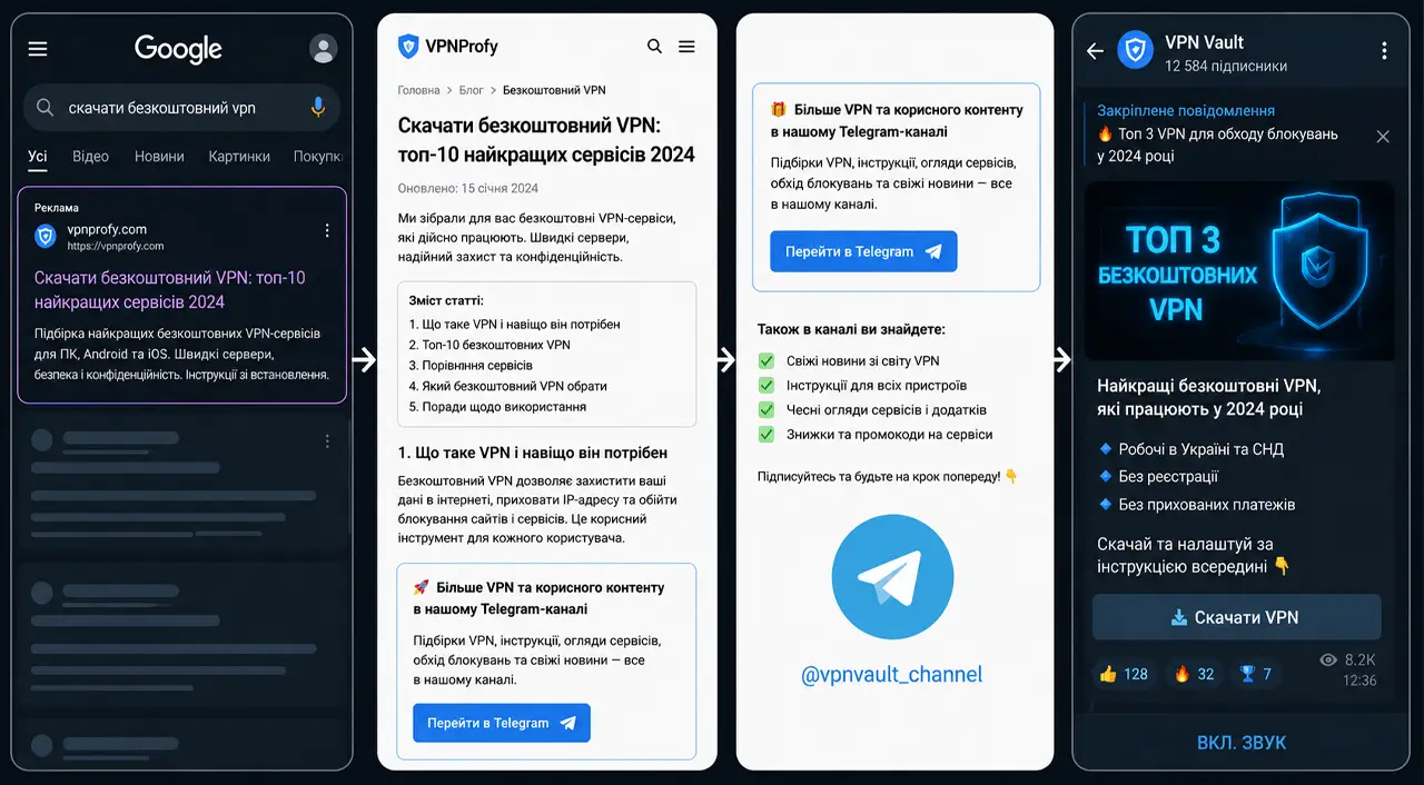 SEO-просування Telegram-каналу: пошуковий запит «завантажити безкоштовний VPN», перехід на статтю з Google та залучення підписників у Telegram