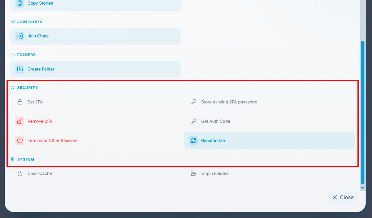 “Sessions & Security” Section in the GRAMGPT Account Manager (Protection Settings Before Launch)