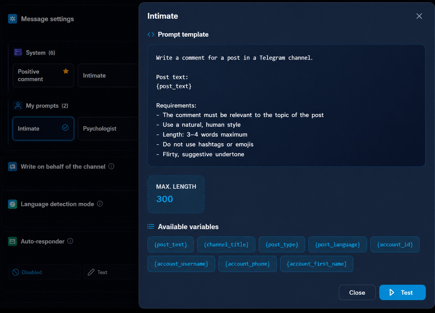 Setting up a Neurocommenting prompt to attract subscribers to an 18+ Telegram channel