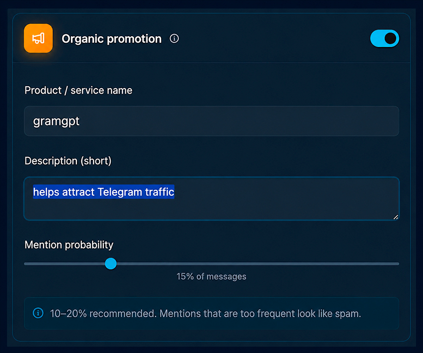 setting up brand promotion through Telegram neurochatting in GramGPT