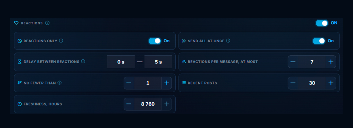 Configuring reaction boosting in a Telegram channel through Neuroshilling GramGPT.io
