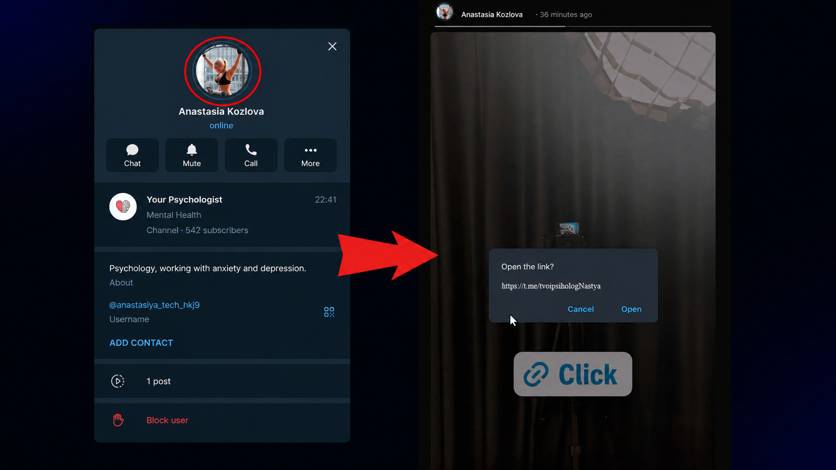 Setting up the account profile BIO, Telegram channel and story with a link