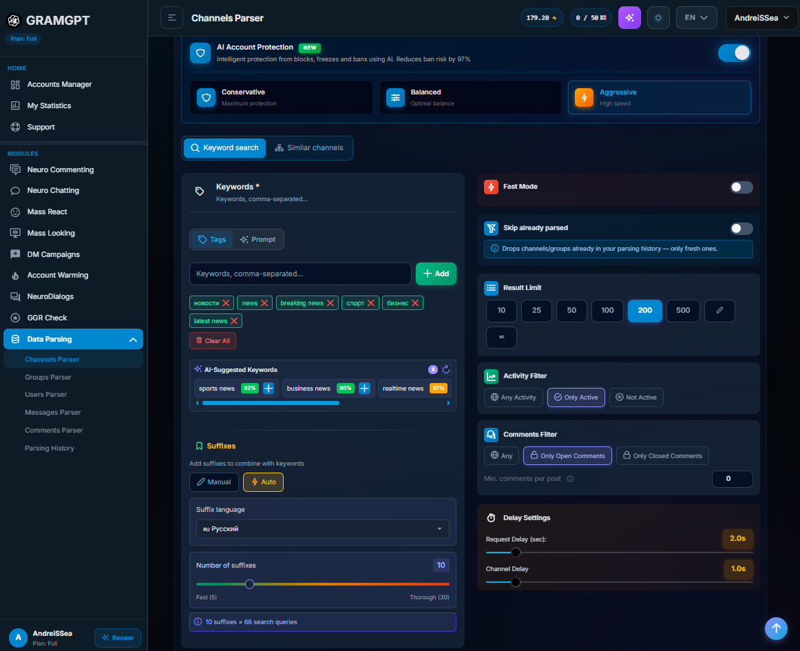 Setting up the Telegram channel parser in the GramGPT Telegram software